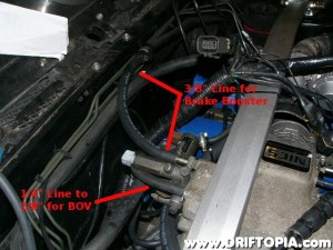 Once the new manifold is installed, route the BOV line and the brake booster line as indicated above.