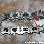 Comparing the 2 lower intake manifolds, the CA18DET unit (top) does not pass the coolant through to the upper manifold like the CA16DE unit (bottom).