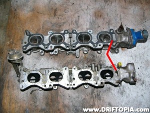 Comparing the 2 lower intake manifolds, the CA18DET unit (top) does not pass the coolant through to the upper manifold like the CA16DE unit (bottom).