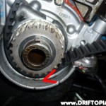 ca18dettimingbelti The angle of this image is a little deceptive but if the #1 cylinder is at TDC, the mark on the lower sprocket will line up with the indentation on the lower lip indicated in the picture.