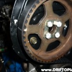 ca18dettimingbeltq The intake cam gear with markings aligned.