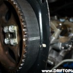 ca18dettimingbelts The exhaust side cam gear with the timing marks lined up.