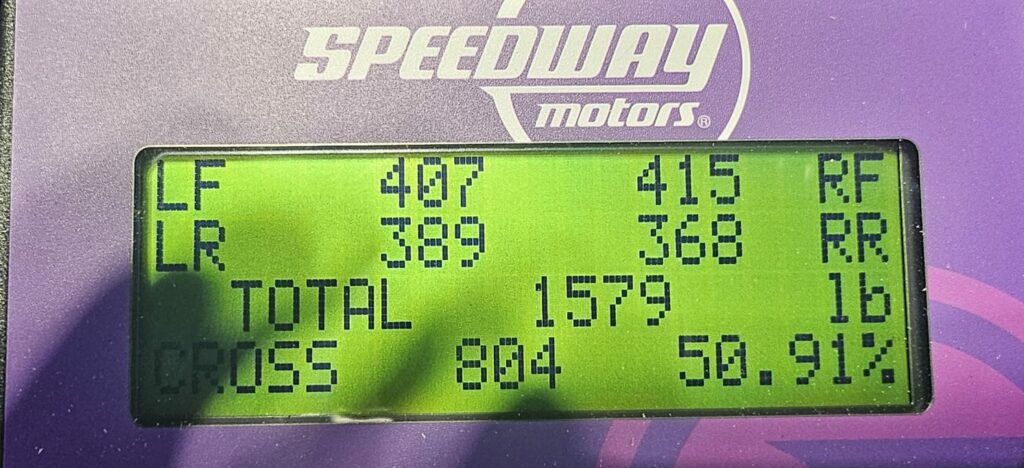 Part 1 ending weight of the 1991 Mazda Miata Exo Car Build Guide documented on a set of Speedway Motors digital scales.