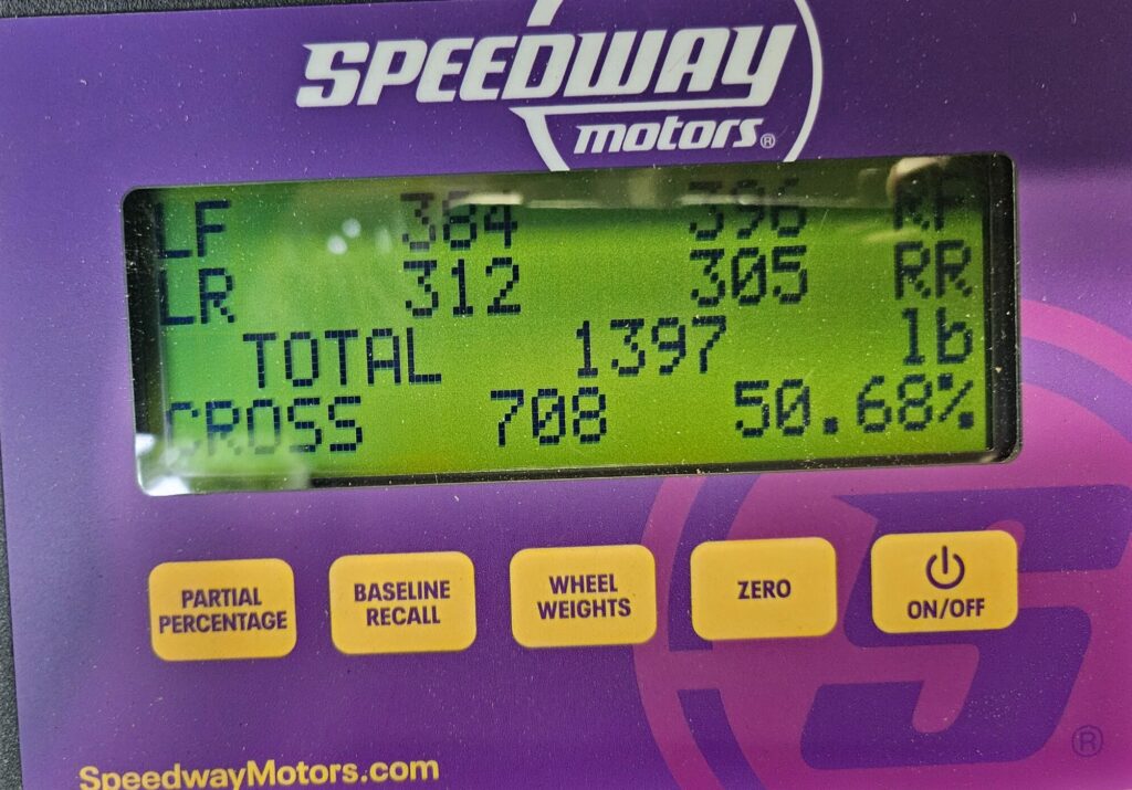 Speedway motors corner balancing scales showing the weight of the exo car after round 2 of weight reduction.