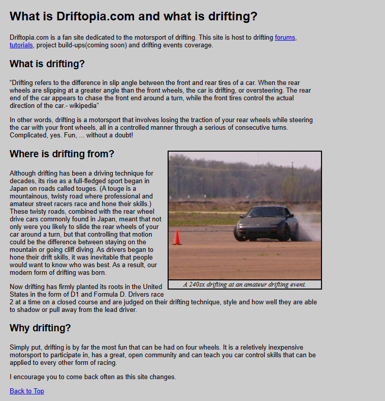 Snapshot of the orginal homepage at Driftopia.com from the early 2000's.