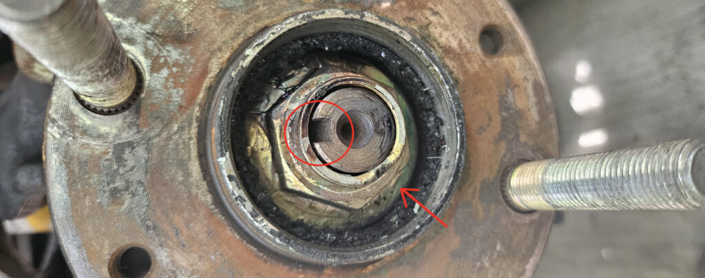 NA Miata front spindle nut after the wheel bearing failure.