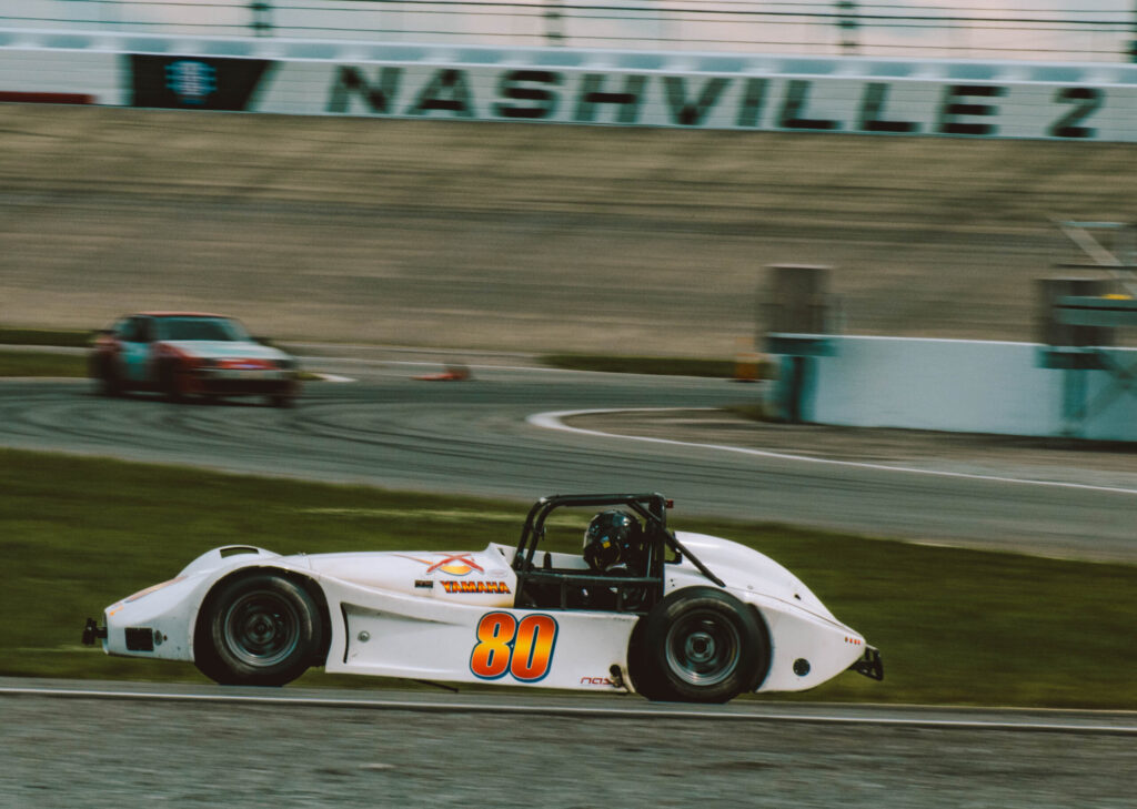 The Thunder Roadster carving up the infield at Nashville Superspeedway.